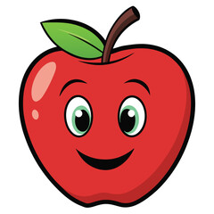 Cute Cartoon Red Apple with Happy Face and Leaf Illustration