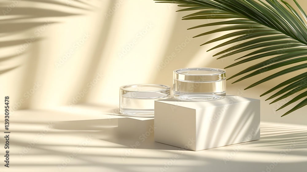 Aufkleber Minimalist display of clear jars on a light background with palm shadows creating a serene atmosphere : Generative AI