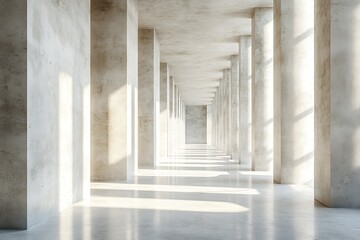 Dramatic Light in a Modern Concrete Hallway Architecture Sunlight and Shadow Play in an Empty Building Interior : Generative AI