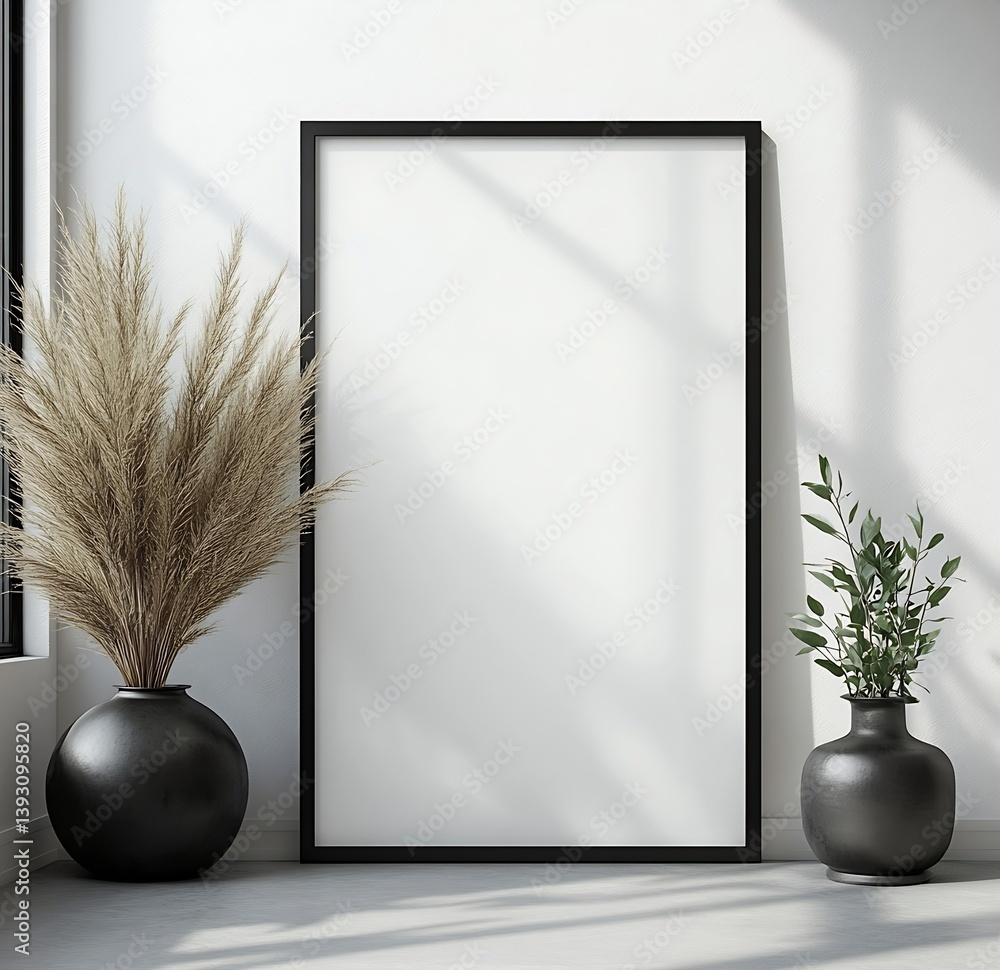 Poster minimalist frame mockup with plants in vases and white wall background for art and design presentati