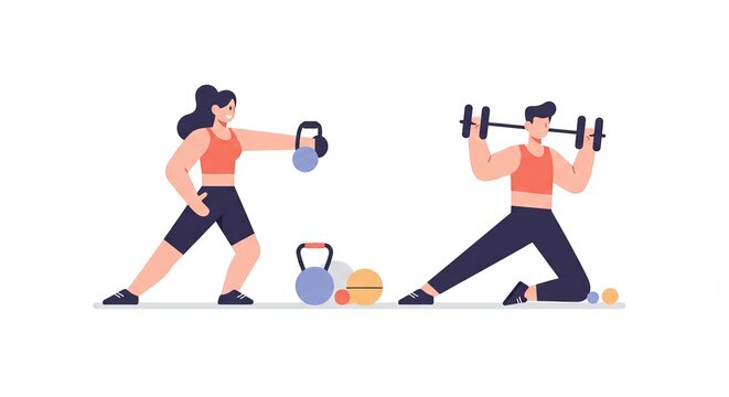 Man and woman lifting kettlebells in gym training session