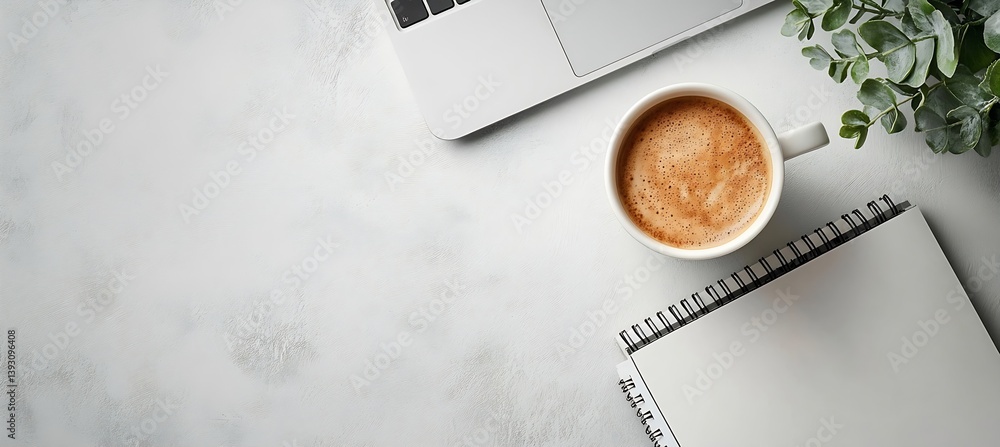 Leinwandbilder stylish workspace with coffee laptop and notebook on white marble background for productivity and cr