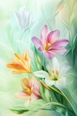 Fototapeta premium A peaceful spring morning with gentle sunlight, colorful flowers gently swaying in the breeze, and a blurred background of soft green hues