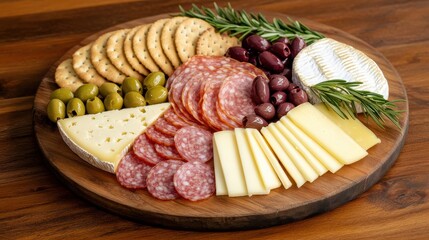 A beautifully arranged charcuterie board featuring various cheeses, meats, olives, and crackers