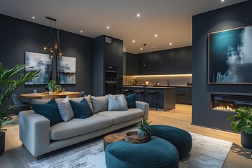 Stylish Modern Home Interior with Open Plan Living Room Kitchen and Dining Area in Dark Tones Photo : Generative AI