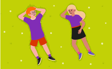 Children relaxing on the grass during summer break while enjoying a sunny day outdoors