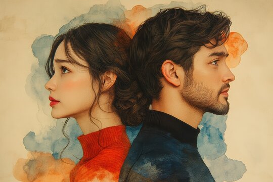 Emotional graphic layouts for advertising on the topic of divorce featuring a couple in contrast