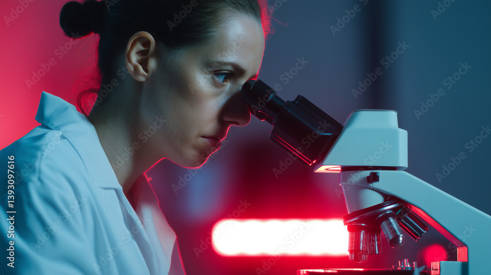 Poster female researcher intently examines samples using microscope in high tech laboratory