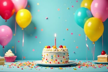 Bright birthday balloons with popping confetti and colorful cake slices, party decor, colorful, confetti, decor