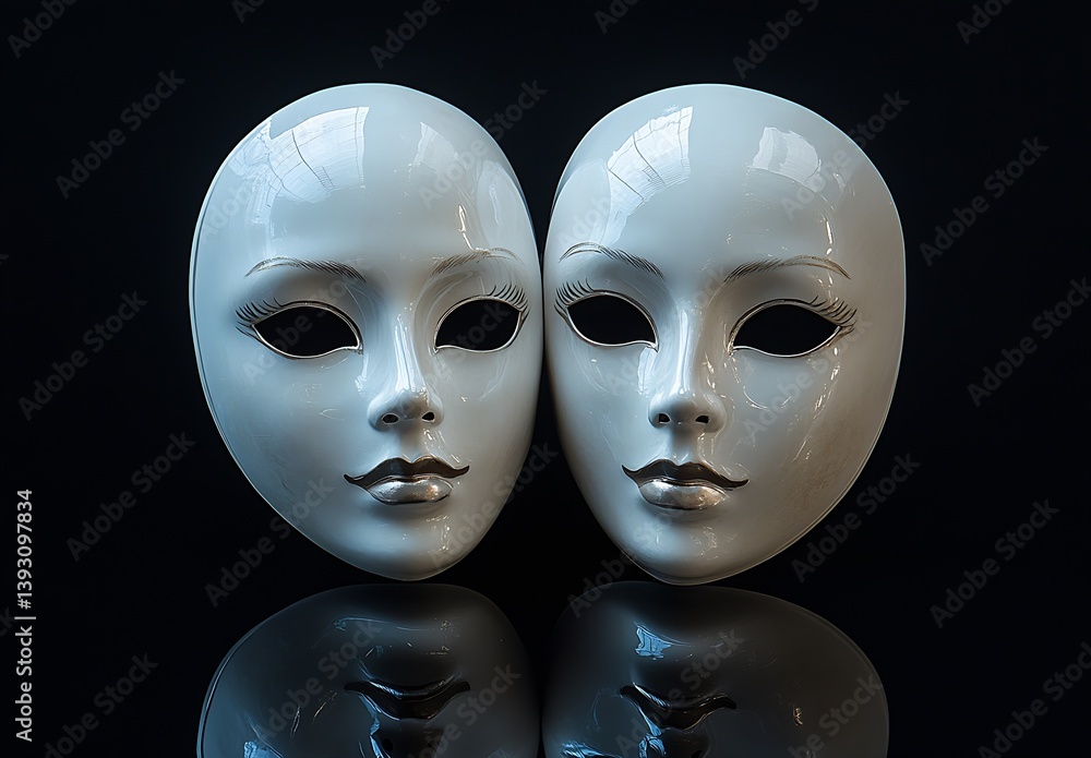 Poster Artistic close up of elegant white masks reflecting creativity and emotion on dark background : Generative AI