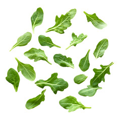 Fresh Green Rocket Leaves Falling on Black Background,