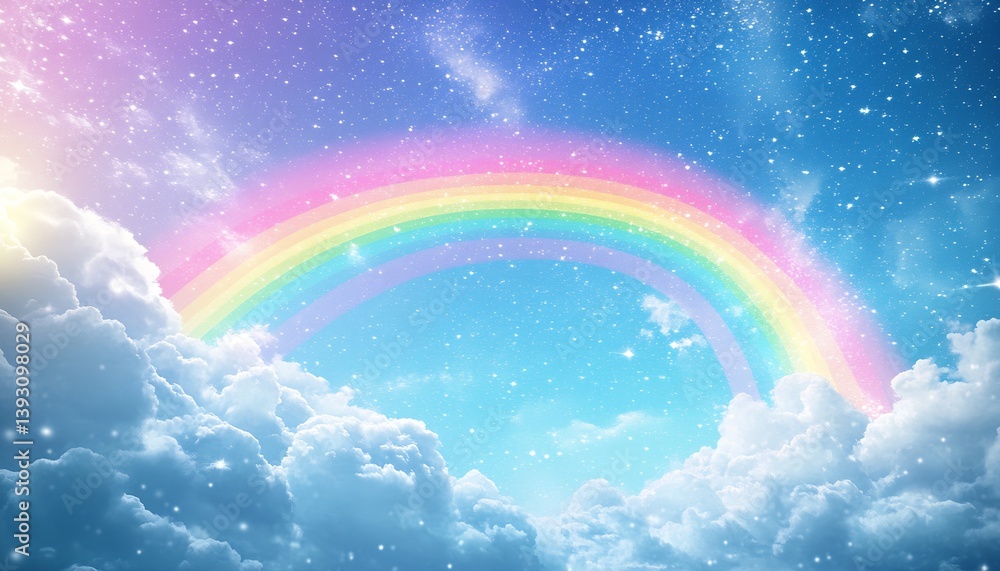 Poster beautiful serene digital illustration of a rainbow forming over a bright blue sky filled with soft c