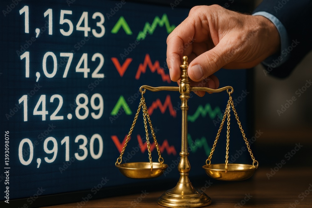 Poster a hand holds a scale in front of a digital display showing fluctuating financial figures, symbolizin