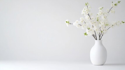 A white ceramic vase with delicate white flowers on a minimalist white background, elegant floral arrangement, and simple and serene composition.