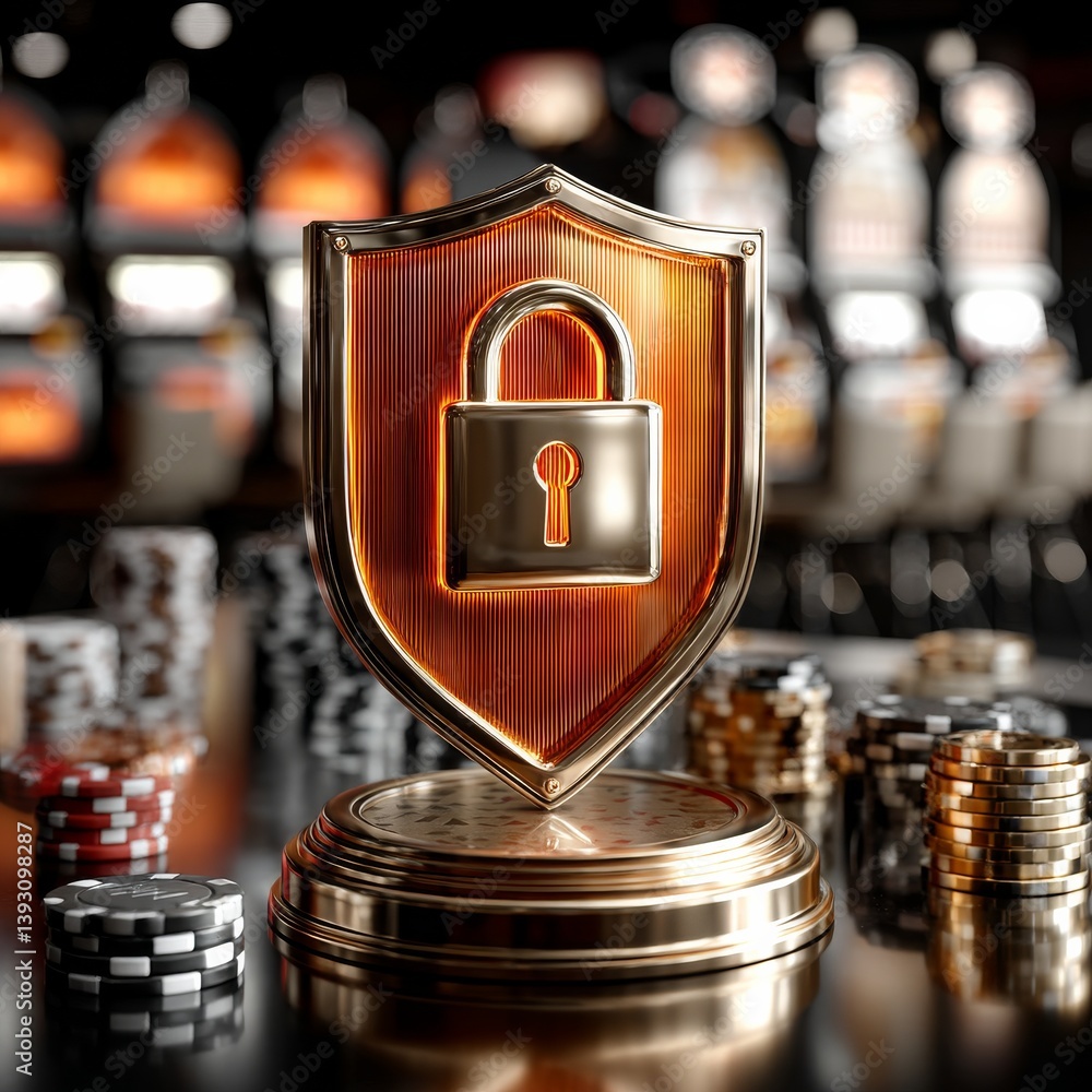 Poster securing your winnings: a golden shield and padlock protecting assets in the casino environment with