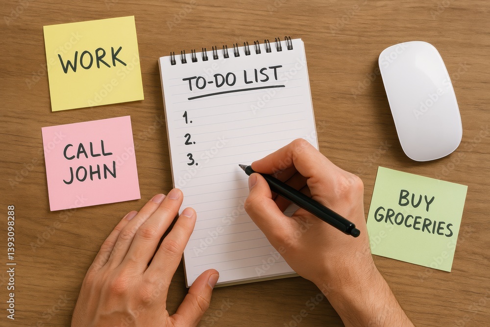 Poster a notepad with a to-do list and sticky notes for reminders, featuring tasks like 