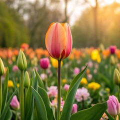 A beautiful tulip in a field of colorful flowers basking in the warm sunlight.