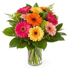 A vibrant and colorful bouquet of gerbera daisies in a glass vase.