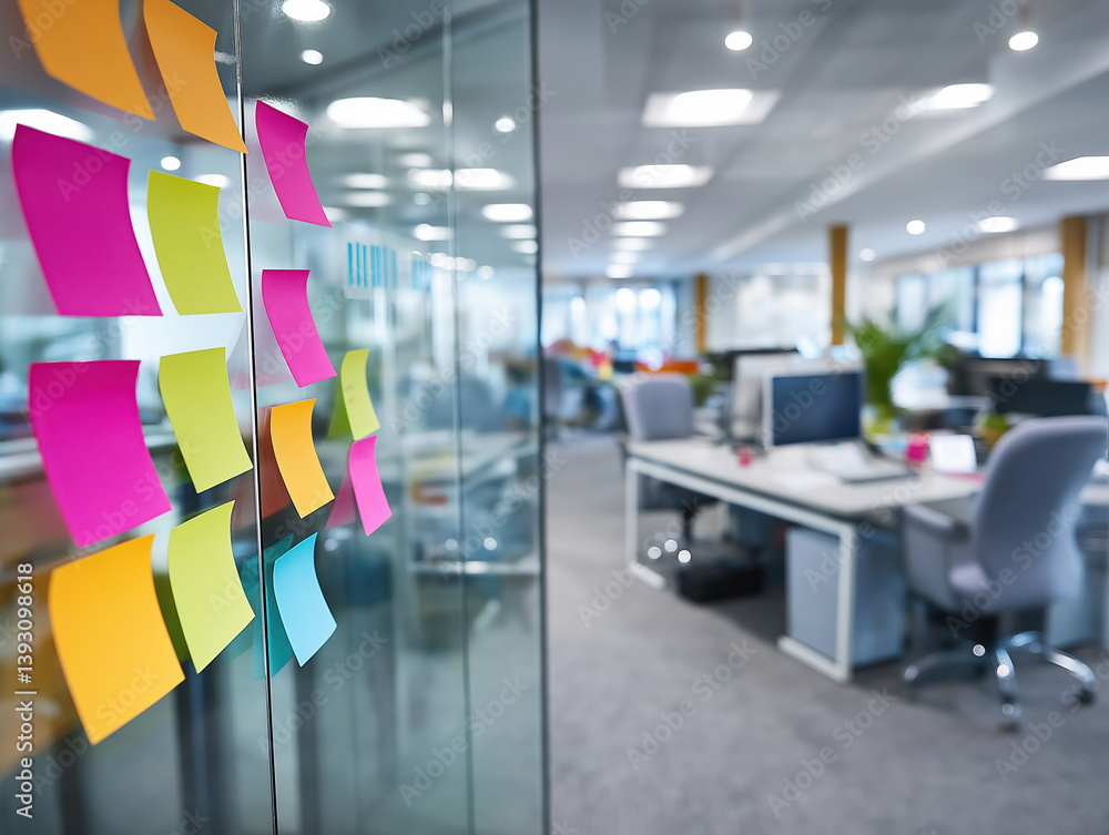 Poster creative workspace with colorful sticky notes in a modern office setting
