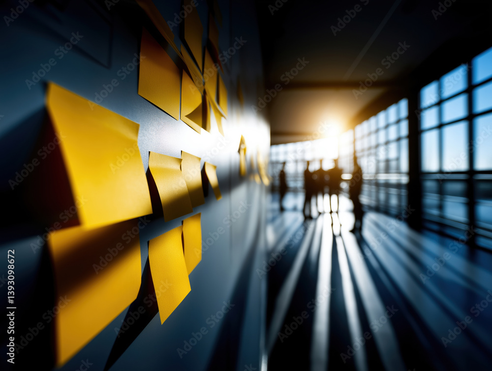 Poster collaborative brainstorming session with sticky notes at sunset in modern office