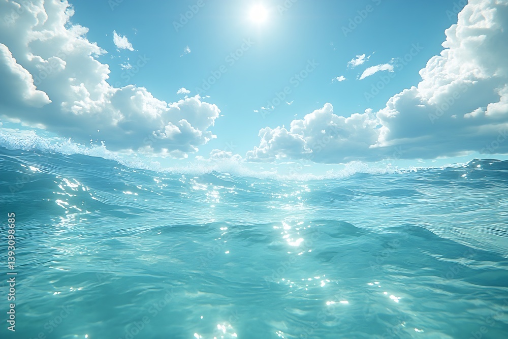 Aufkleber Serene Ocean View with Blue Sky Clouds and Sparkling Sunlight Reflection on Water Waves for Background Use : Generative AI