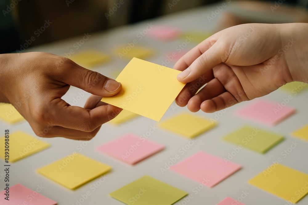 Poster two hands exchange a yellow sticky note above a table scattered with colorful notes, symbolizing col