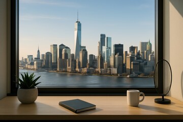 Obraz premium A serene view of a modern city skyline from a bright window, featuring iconic skyscrapers, a river, and a stylish interior workspace.