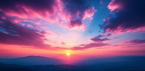 Fototapeta premium Vibrant Pink and Blue Sunrise over Mountains Scenic Landscape with Colorful Sky and Sun Rays Peaceful Morning View : Generative AI