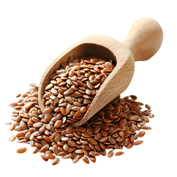 Brown flax seeds in a wooden scoop healthy food