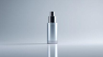Sleek silver skincare bottle on reflective surface, minimalist design