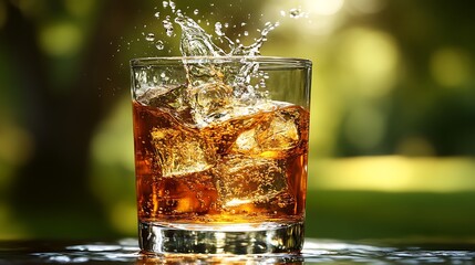 A clear glass filled with ice and liquid splashing out