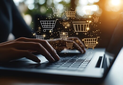 Online Shopping Concept with Hand on Laptop Keyboard and Floating Shopping Carts for Ecommerce and Digital Retail : Generative AI