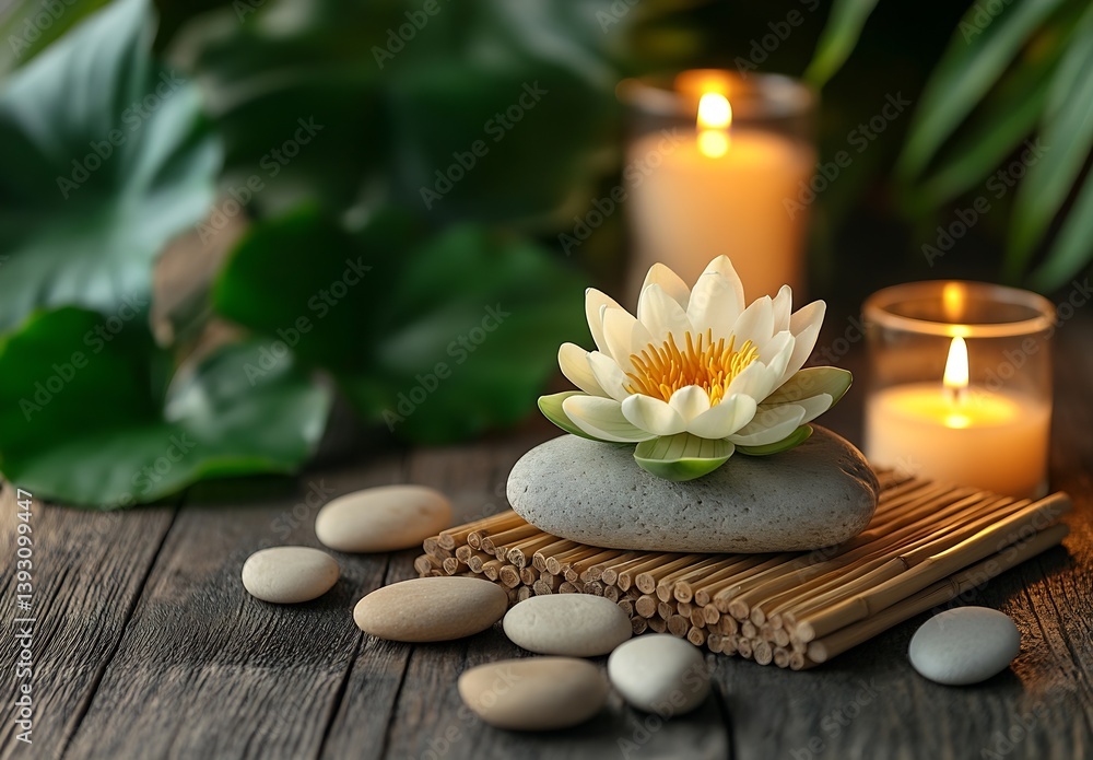 Poster zen spa still life with lotus flower candles and pebbles calm atmosphere relaxing scene wellness and