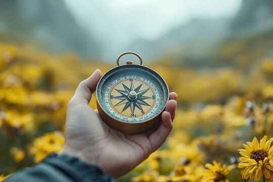 Exploring guidance with a compass in a field of wildflowers on a sunny day