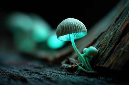 Hongos bioluminiscentes en un tronco de &aacute;rbol oscuro. El enfoque est&aacute; en el hongo principal, con un segundo hongo m&aacute;s peque&ntilde;o en segundo plano.