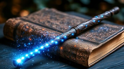 Ancient magic book and wand