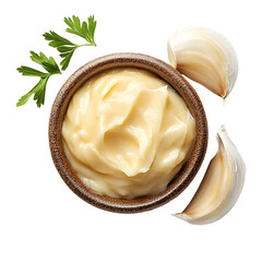 Creamy Garlic Sauce in Wooden Bowl with Parsley and Garlic Cloves,