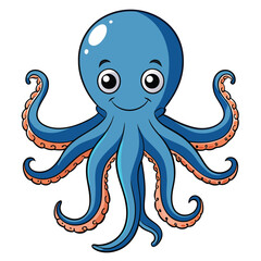 Cheerful Octopus: A charming blue octopus, rendered in an artful cartoon style, with a bright smile and friendly demeanor, makes a whimsical illustration, perfect for adding a touch of aquatic charm.
