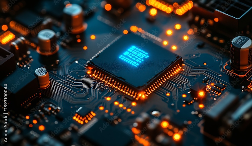 Poster Brightly lit view of an integrated circuit chip surrounded by electronic components on a blue circuit board : Generative AI