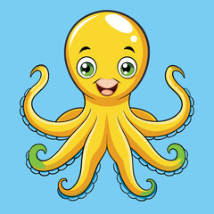 Cheerful Octopus: A delightful cartoon rendering of a bright yellow octopus, smiles with friendly eyes, radiating joy, perfect for playful designs and educational materials.