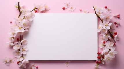 Blank white card surrounded by delicate pink blossoms and red berries on a pink background. Perfect for spring messages or announcements