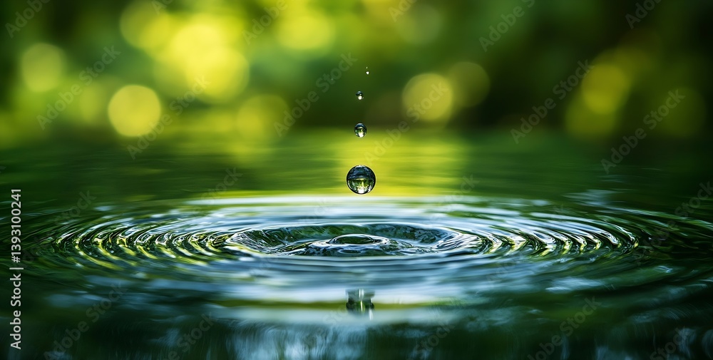 Poster Water Droplet Impacting Surface Ripples and Splash Serene Nature Image Macro Shot of Water and Light : Generative AI