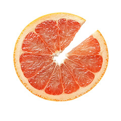A juicy grapefruit slice with a missing piece on black background