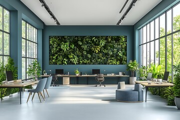 Green Office Space Interior with Vertical Garden Wall Empty Modern Workspace with Plants for Sustainable Design : Generative AI
