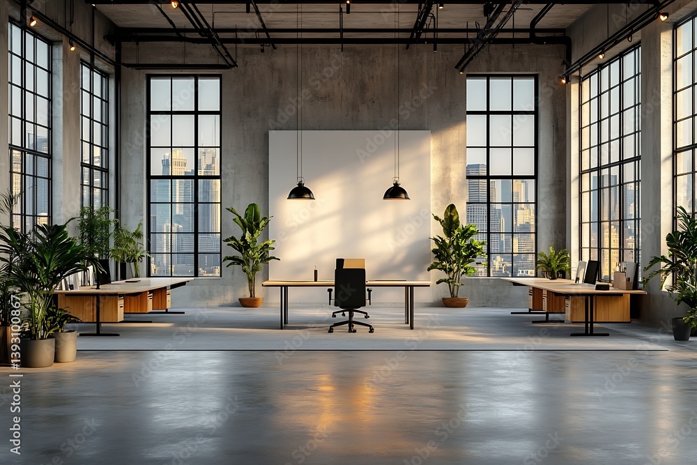 Poster modern office interior with large windows desks and green plants for a productive work environment a