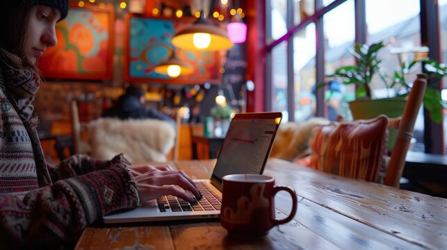 Woman is typing on a laptop at a coffee shop