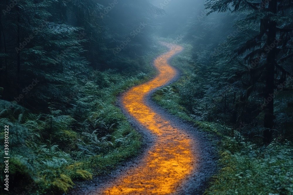 Poster winding path illuminated by mist amid lush forest setting during twilight hours