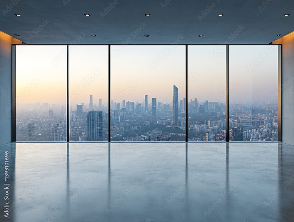 Aufkleber Empty Modern Office Interior with Large Window Overlooking City Skyline Minimalist Design and Clean Lines Spacious Room with Concrete Floors : Generative AI