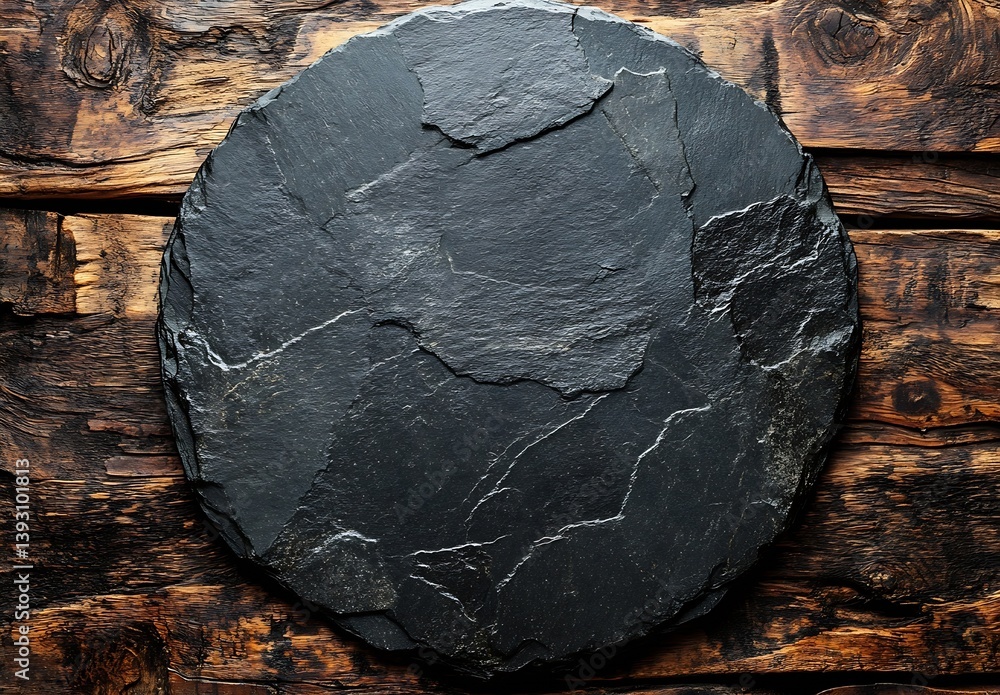 Leinwandbilder rustic stone plate on wood background empty serving tray farm to table concept kitchenware food pres
