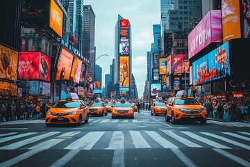 Times Square New York City Vibrant Urban Scene with Yellow Taxis and Bright Billboards Busy City Life : Generative AI
